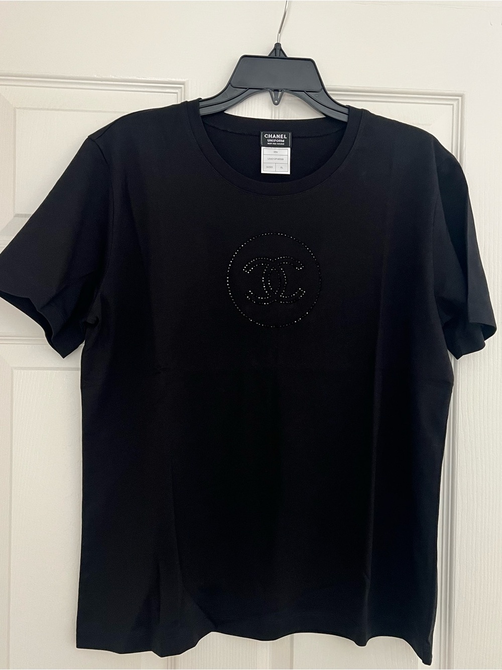 CHANEL Black Short Sleeve Logo Tee with Stud Detailing Size XL